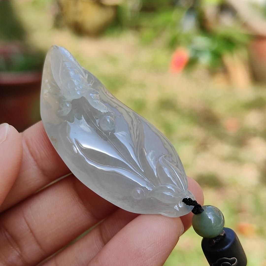 Icy Translucent with Yellow Patches Natural Type A Jadeite Jade crafted with leaf and Cicada as a Pendant, certificate weigh 13.68 grams, measurement 52 * 21.7 * 11.8 mm (pendant224) Yi Pin Qian