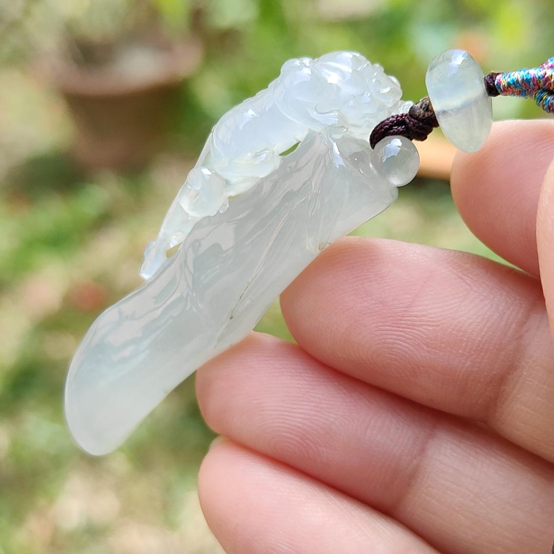Premium Semi Icy with Light Green Hue Natural Type A Jadeite Jade crafted with Pixiu as a Pendant, certificate included weigh 12.61 grams, measurement 492. * 17.1 * 8.7 mm (pendant202) Yi Pin Qian