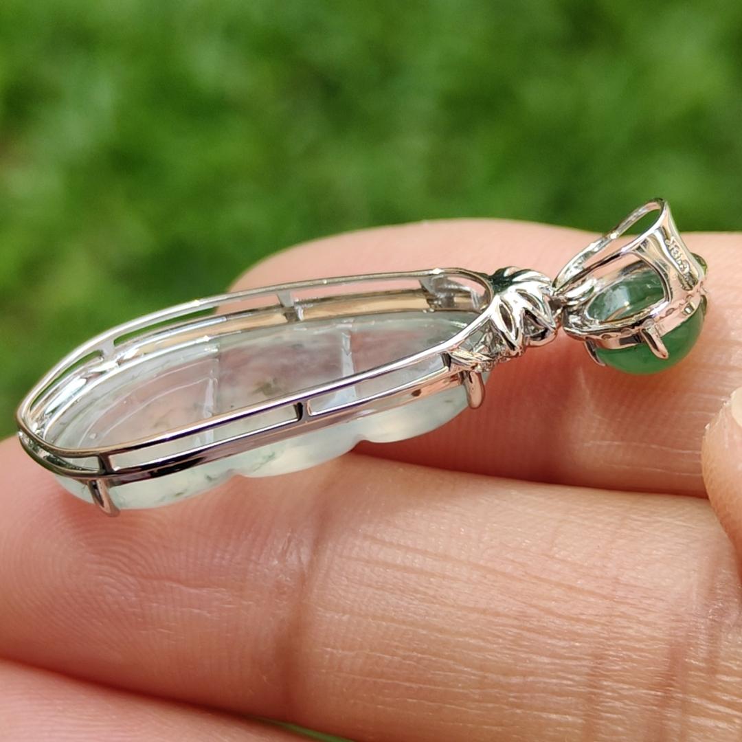 Premium Icy Translucent Natural Type A Jadeite Jade crafted as Four Seasons Fortune Beans set on 18k gold with 1 green cabochon and diamonds, certificate include weigh 3.86 grams, measurement 36.7 * 12.5 * 7mm (18kp14) Yi Pin Qian