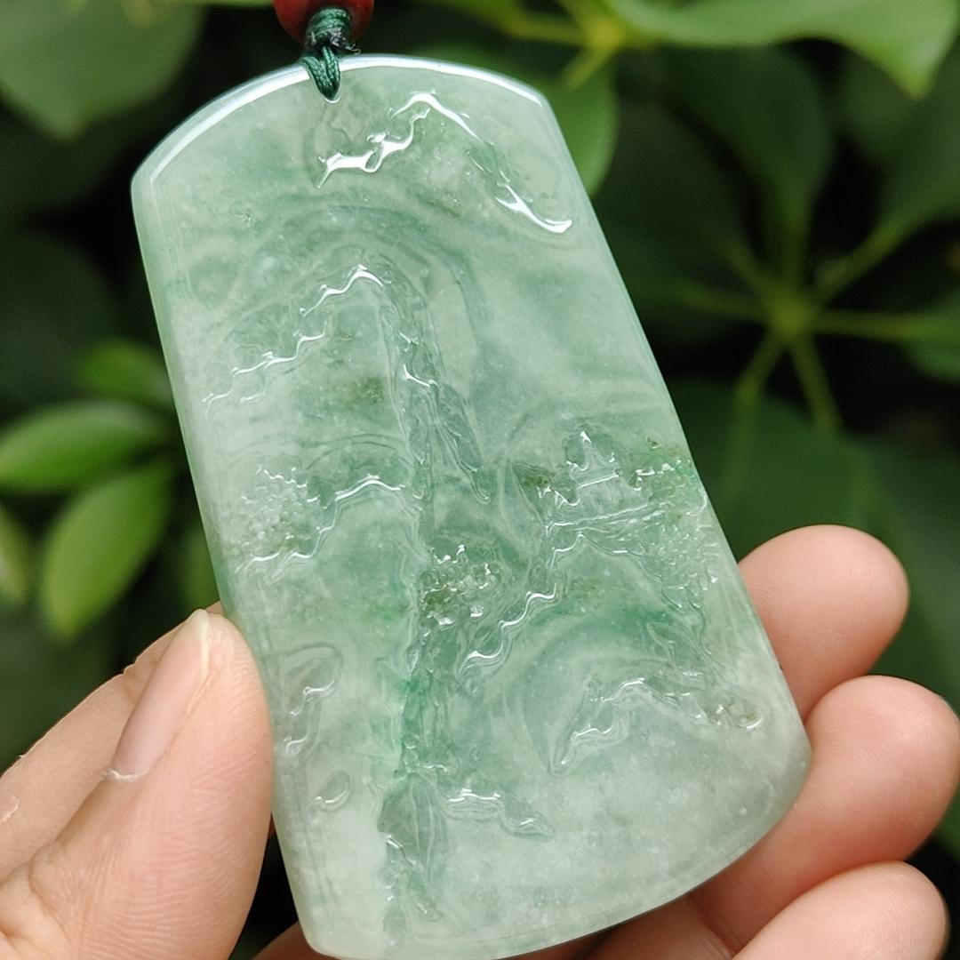 Crafted with Sceneries Pendant on Light Green Natural Type A Jadeite Jade, certificate weighs 63.08 grams, measurement 68.5 * 41.1 * 10.7 mm (pendant350) Yi Pin Qian Jadeites Jade Jewelry ~Your Precious Quintessential ~ Singapore