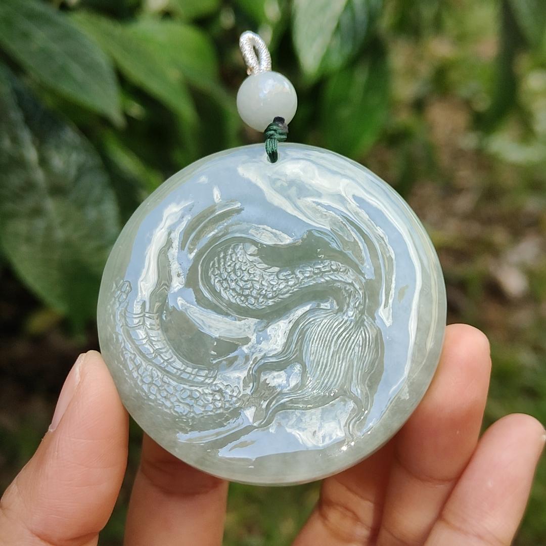 Premium Full Light Green Natural Type A Jadeite Jade Pendant Necklace crafted with Dragon with good glossy shines, certificate included weigh 77.81 grams, 55.5 * 55.5 * 13.8 mm (pendant169) Yi Pin Qian