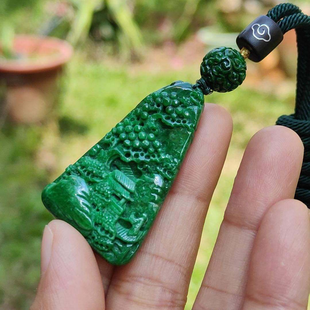 Dark Green Natural Type A Jadeite carved with scenery pendant with NGI Gemstone report weight 19.21 grams , 43.10 * 25.36 * 7.50 mm , Semi Translucent to opaque fine grain crystal aggregate - Good for daily wear pendant (pendant152) Yi Pin Qian