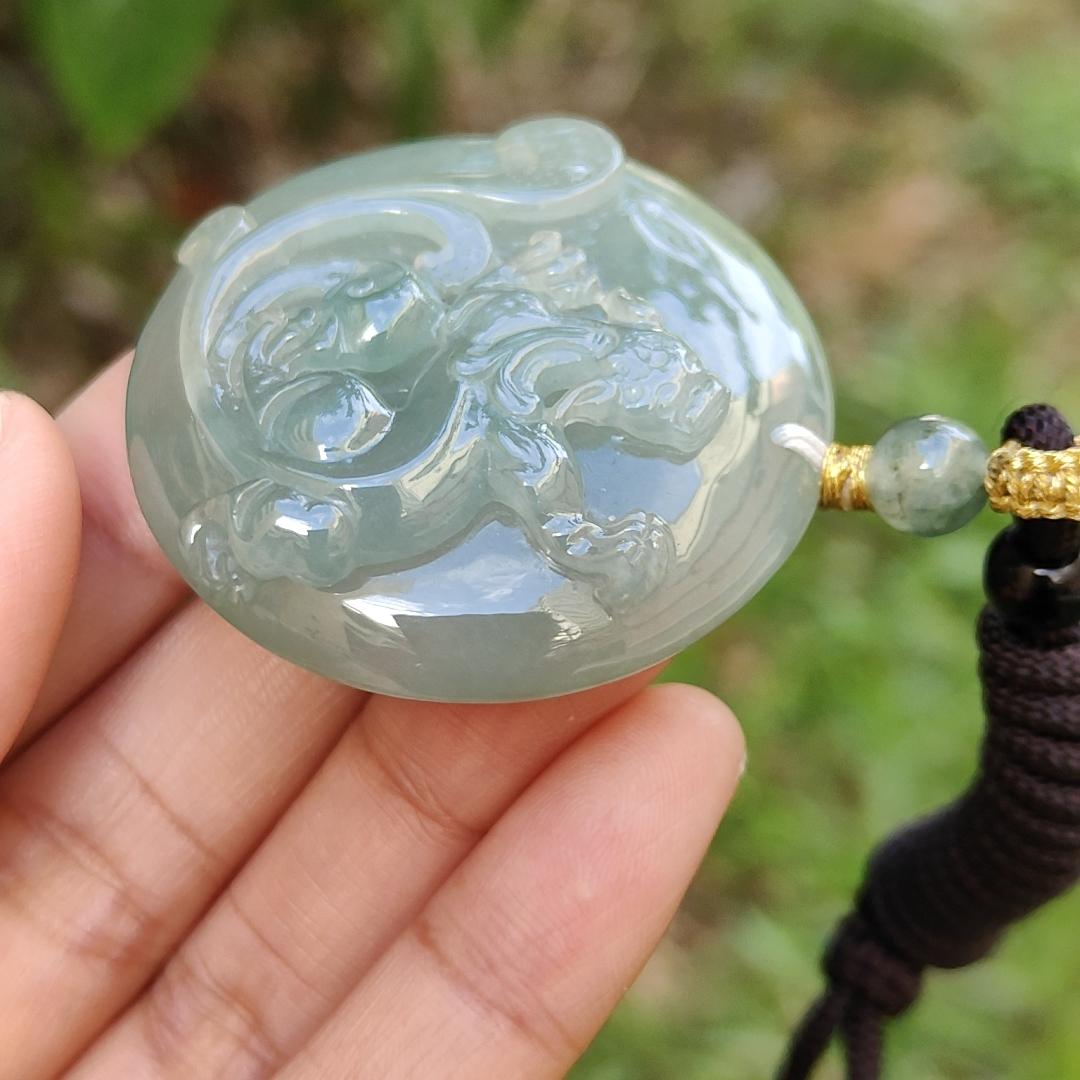 Premium Quality Light Green Natural Type A Jadeite Jade Pendant Necklace crafted with Old School Style Dragon, certificate included weigh 29.48 grams, measurement 42 * 42 * 11 (pendant174) Yi Pin Qian