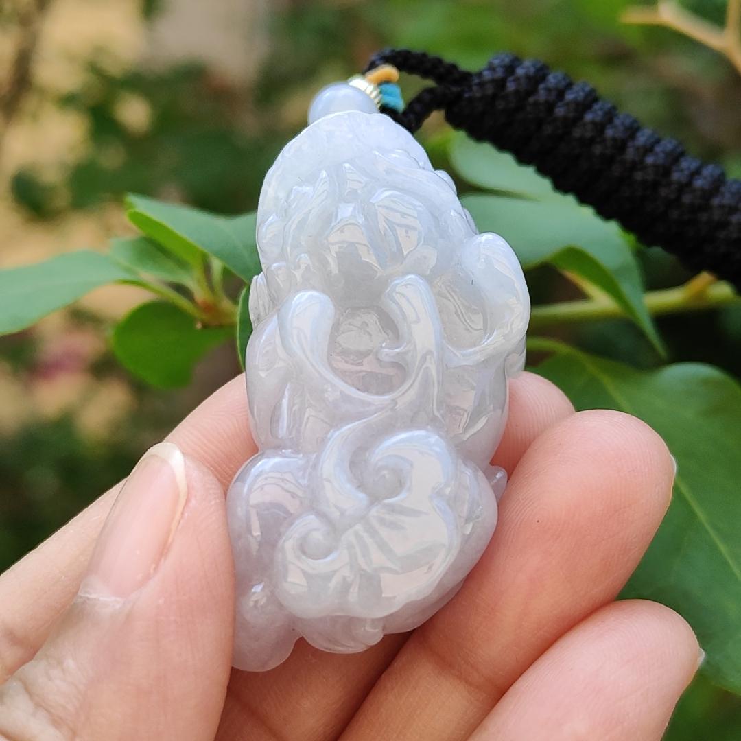 Light Lavender Natural Type A Jadeite Pendant carved as Pixiu with ruyi symbols of Joy and good luck, certificate included weigh 26.95 grams, 45.8 * 23.8 * 12.8 mm, suitable for daily wear boosting your luck (pendant75) Yi Pin Qian
