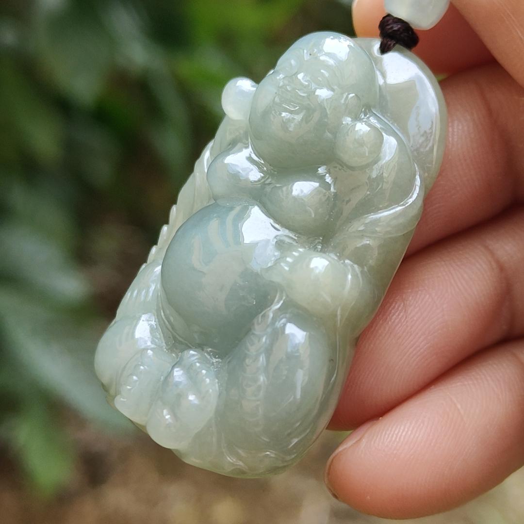 Light Green Natural Type A Jadeite Jade crafted with Milo Buddha as Pendant, certificate weighs 27.52grams, measurement 44.3 * 27.9 * 11.6 mm (pendant248) Yi Pin Qian