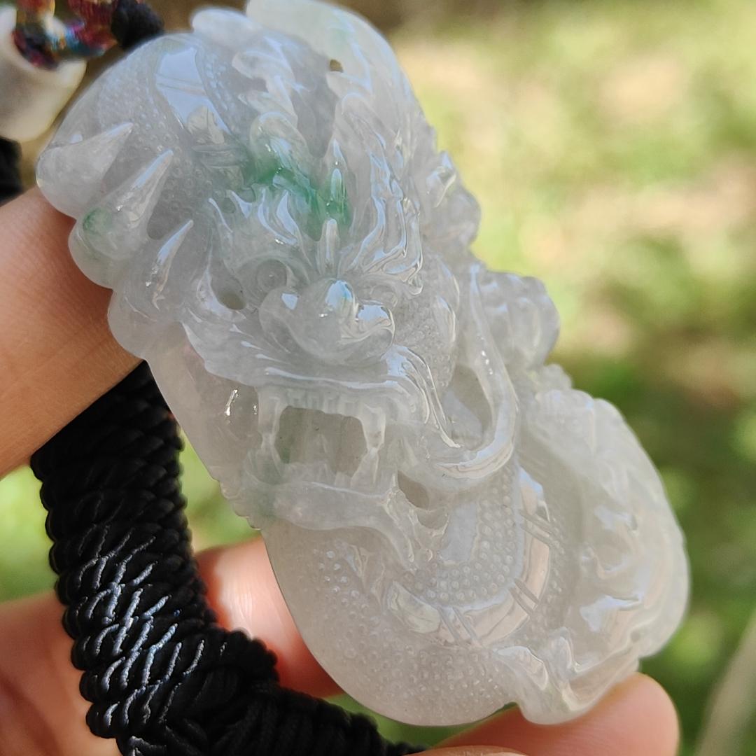 High Quality Semi Icy Translucent Light Green Light Lavender Natural Type A Jadeite Jade crafted with Dragon as Pendant, certificate weighs 35.24 grams, measurement 55.7 * 33.3 * 13.3 mm (pendant264) Yi Pin Qian