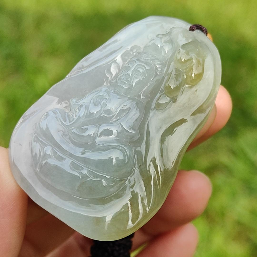 Light Green and Yellow Natural Type A Jadeite Jade Pendant Necklace crafted with Guanyin, certificate included weigh 34.84 grams, Measurement 52 * 35.9 * 11.1 mm (pendant176) Yi Pin Qian