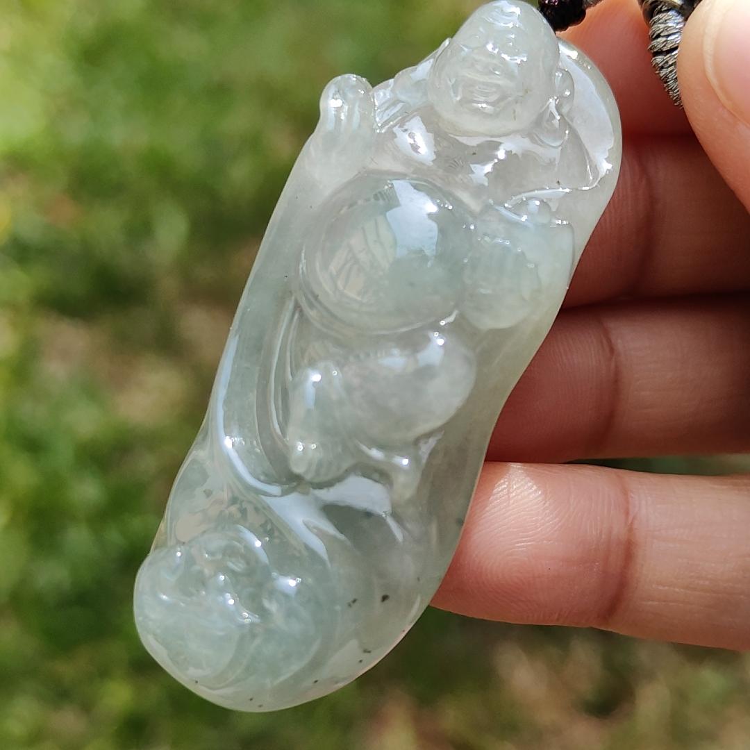 Premium Rare Semi Icy Natural Type A Jadeite Jade crafted with Milo Buddha as Pendant Necklace with certificate weigh 30.56 grams, measurement 56 * 23 * 12.8 (pendant207) Yi Pin Qian