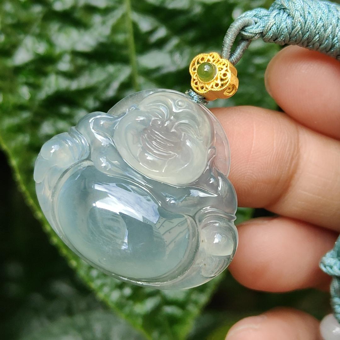 Old Pit Icy Bluish Green Natural Type A Jadeite Pendant Necklace crafted as Laughing Buddha with certificate weigh 13.48 grams, 27.7 * 31.6 * 7.2 mm (pendant162) Yi Pin Qian