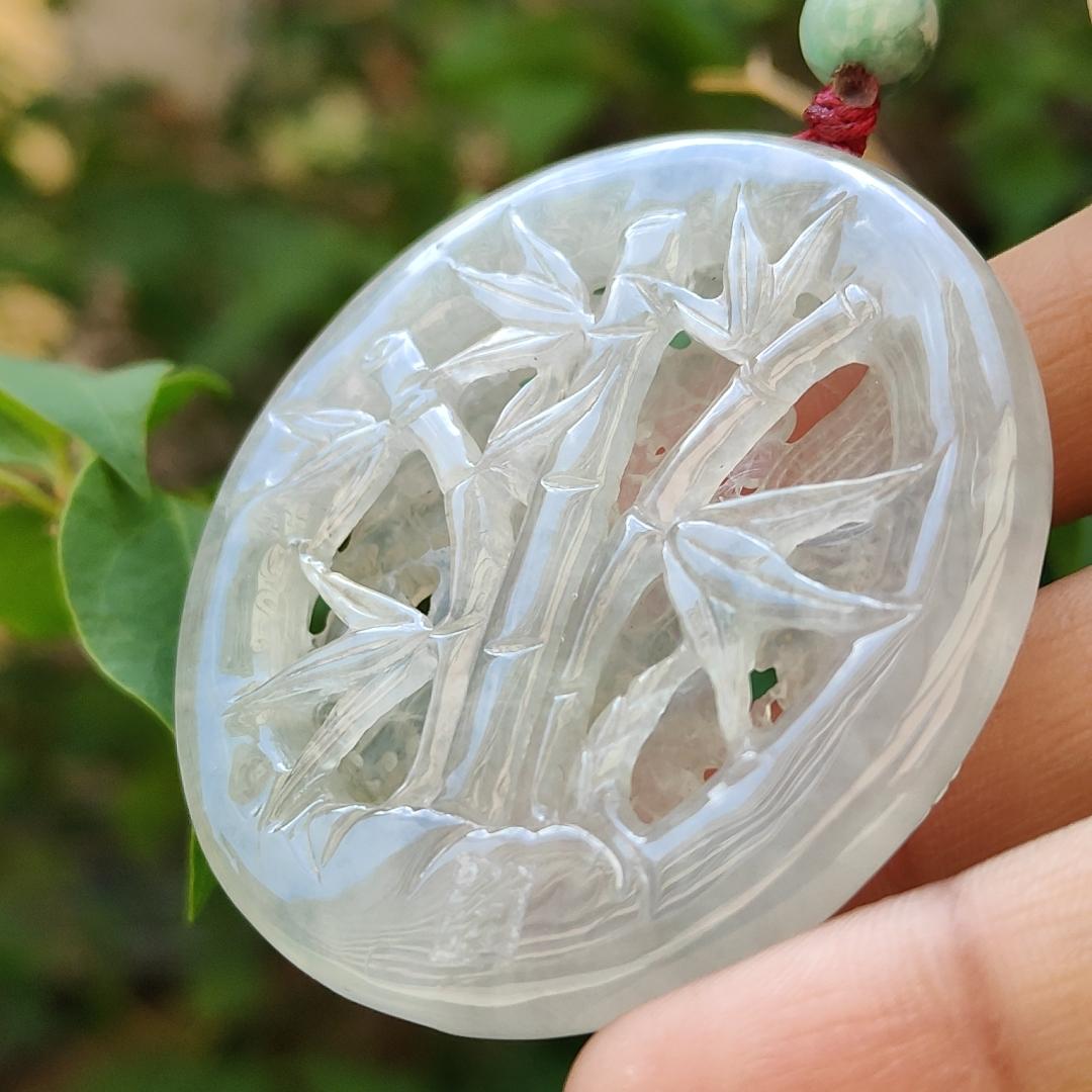 Highly Translucent Icy Natural Type A Jadeite Pendant Carved with Cranes, Pine Trees and Bamboo meaning Endurance, Perseverance and Never fading with Longevity, certificate included weighs 28.38 grams, 52.5 * 52.5 * 6.1 mm, for collection (pendant90) Yi Pin Qian