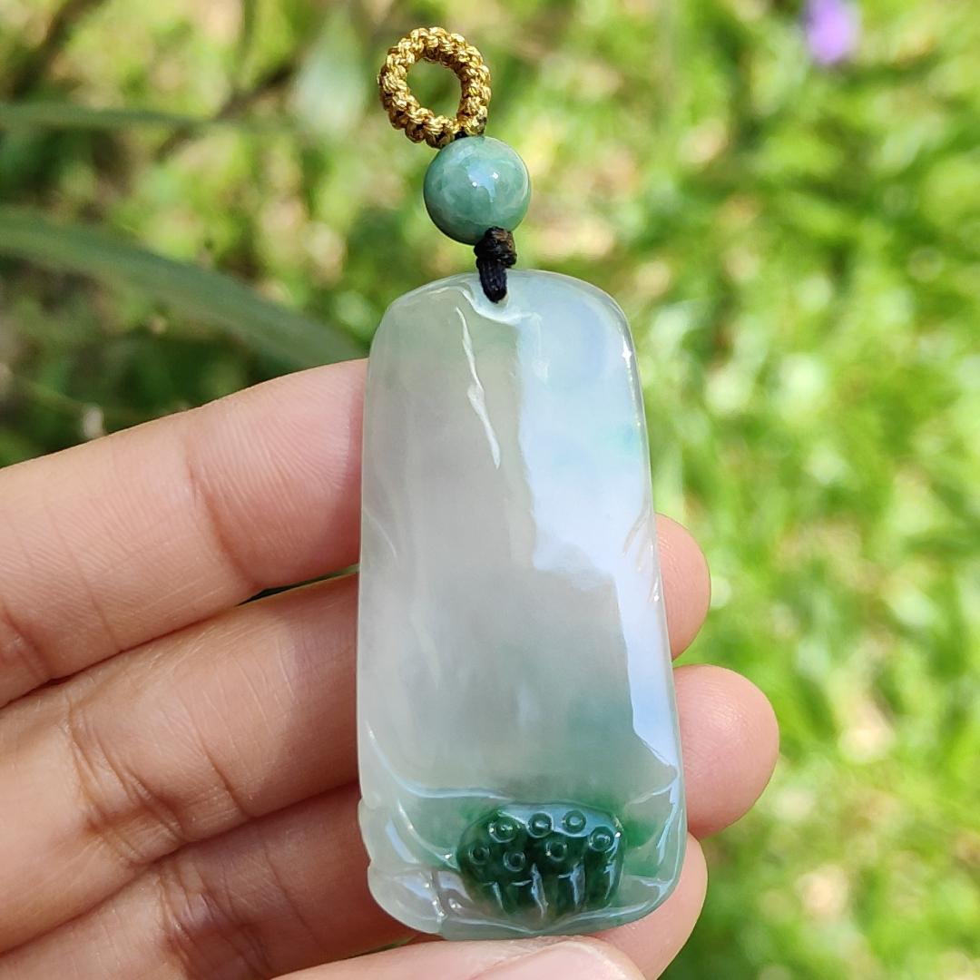 Icy Good Translucency with Green Natural Type A Jadeite Pendant Necklace crafted with Buddha and Lotus, certificate included weigh 13.2 grams, 46.2 * 22.5 * 6.3 mm Yi Pin Qian
