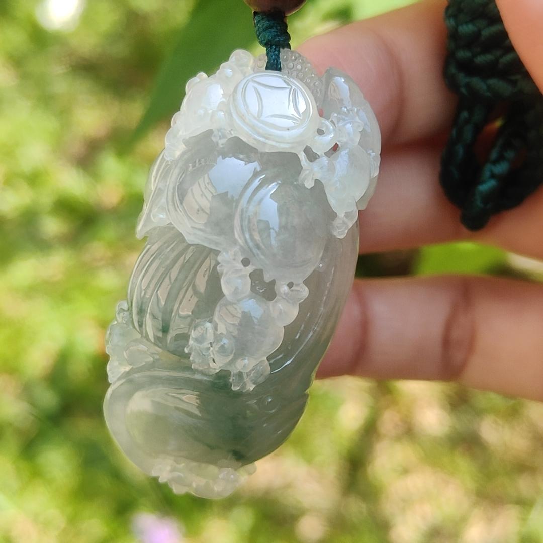 Premium Light Green Semi Icy Natural Type A Jadeite Jade Pendant crafted with frogs, coins and lotus with certificate weigh 35.12 grams, measurement 50.7 * 24.7 * 18.2 mm (pendant193) Yi Pin Qian