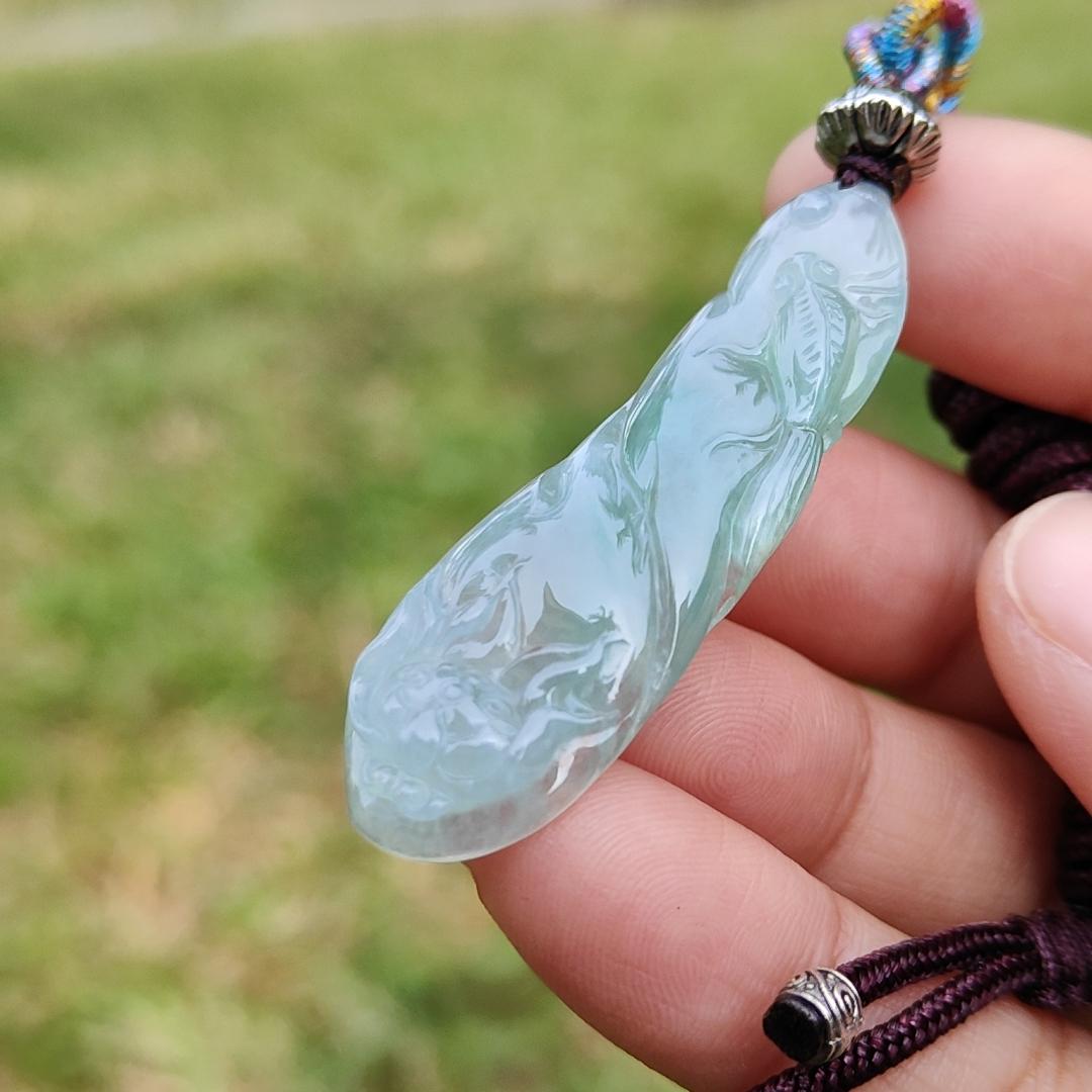 Icy Light Green Natural Type A Jadeite Jade Pendant Crafted with Fish and Lotus, certificate weigh 6.07 grams, measurement 46.3 * 15.8 * 5.5 mm (pendant191) Yi Pin Qian