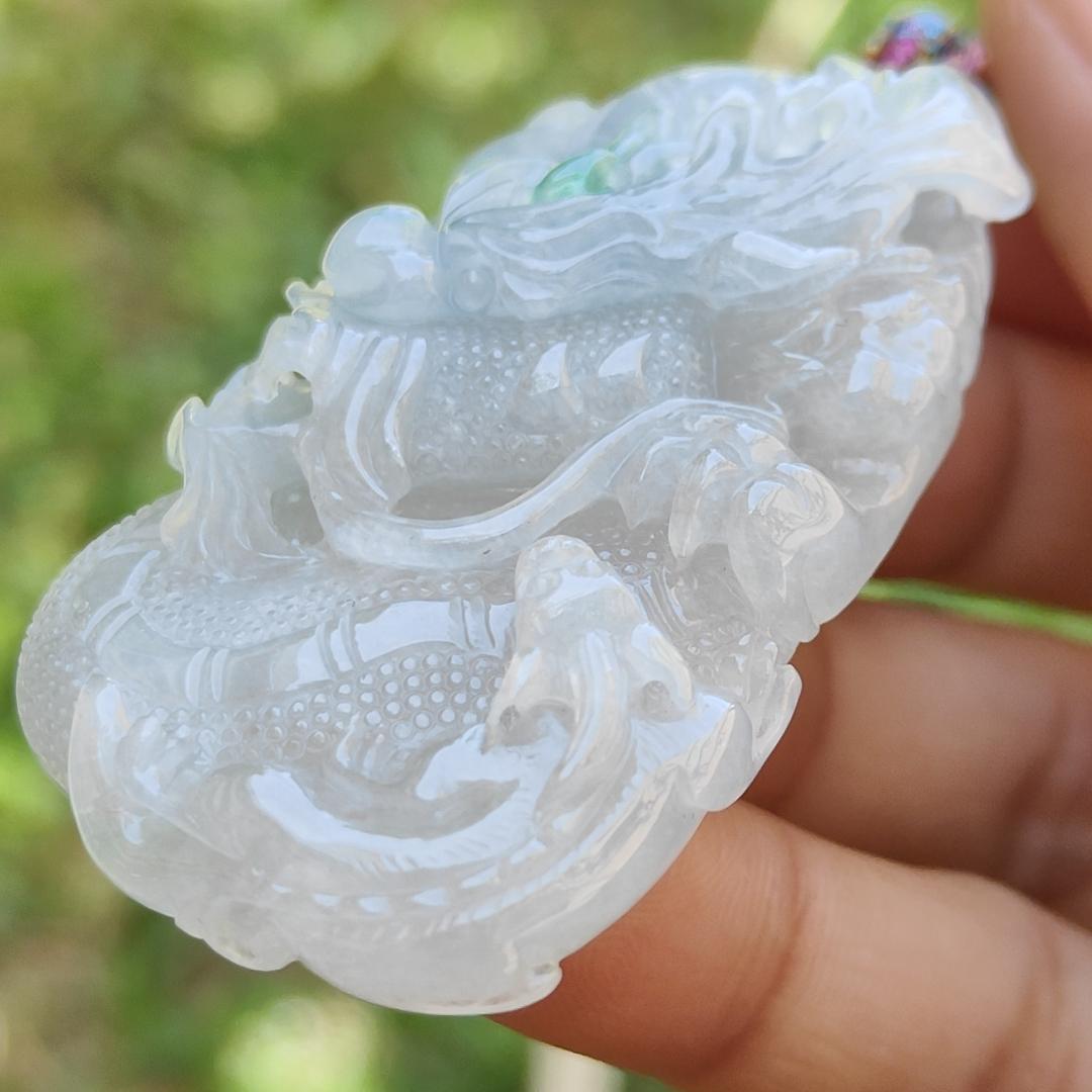 High Quality Semi Icy Translucent Light Green Light Lavender Natural Type A Jadeite Jade crafted with Dragon as Pendant, certificate weighs 35.24 grams, measurement 55.7 * 33.3 * 13.3 mm (pendant264) Yi Pin Qian