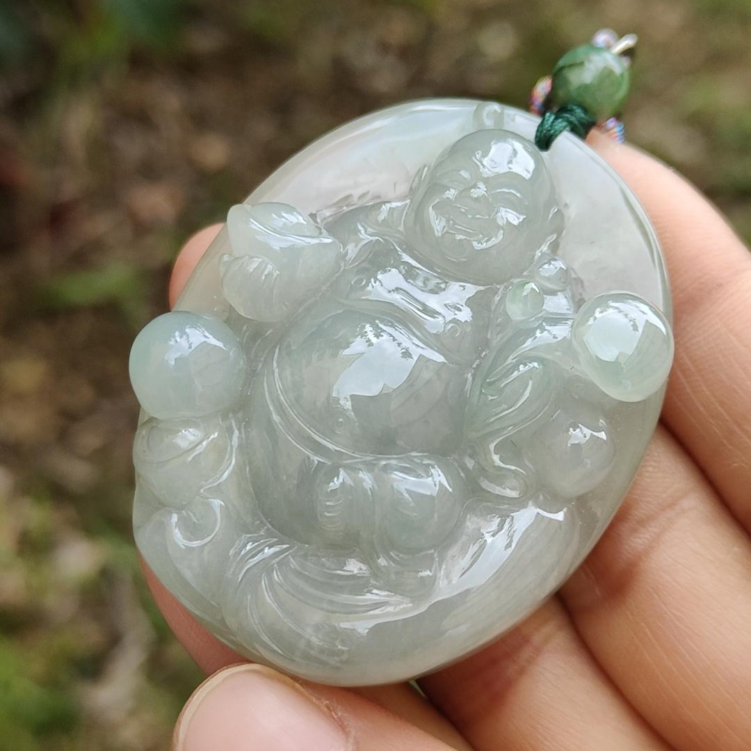 High Quality Natural Type A Jadeite Jade crafted as Ruyi Milo Buddha as Pendant, certificate weighs 47.74 grams, measurement 50.2 * 40.5 * 12.9 mm (pendant254) Yi Pin Qian