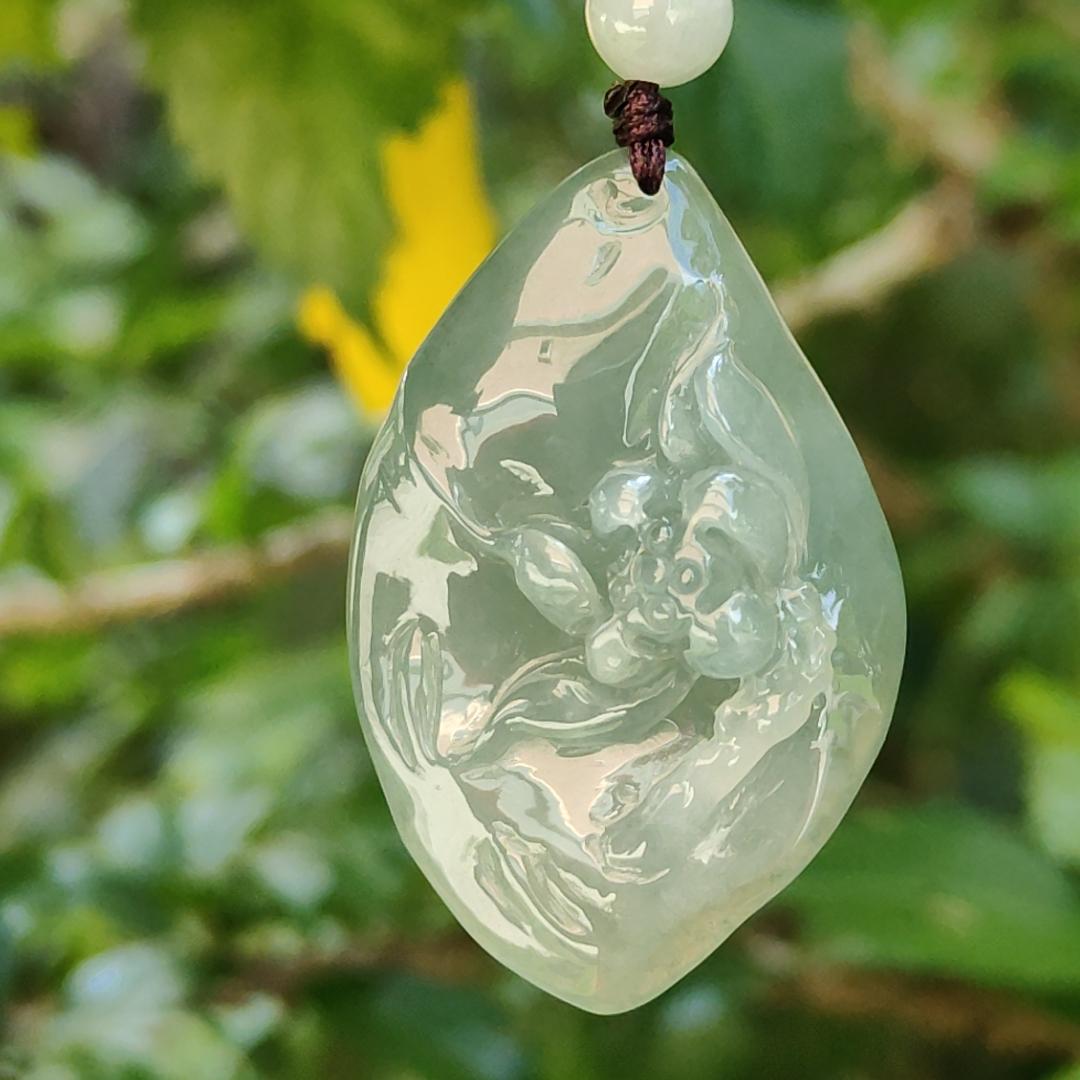 Quality Semi Icy Full Oil Green Natural Type A Jadeite Jade Pendant Necklace crafted with Lotus, certificate included weigh 12.07 grams, measurement 41.3 * 27 * 11 mm (pendant182) Yi Pin Qian