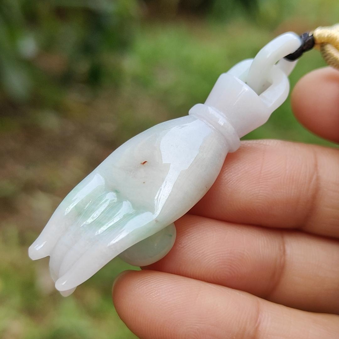 Light Green with Red patches Natural Type A Jadeite Jade crafted as Buddha Hand Pendant, QIC labs approved certificate weighs 15.32 grams, measurement 52.5 * 16 * 13.8 mm (pendant255) Yi Pin Qian