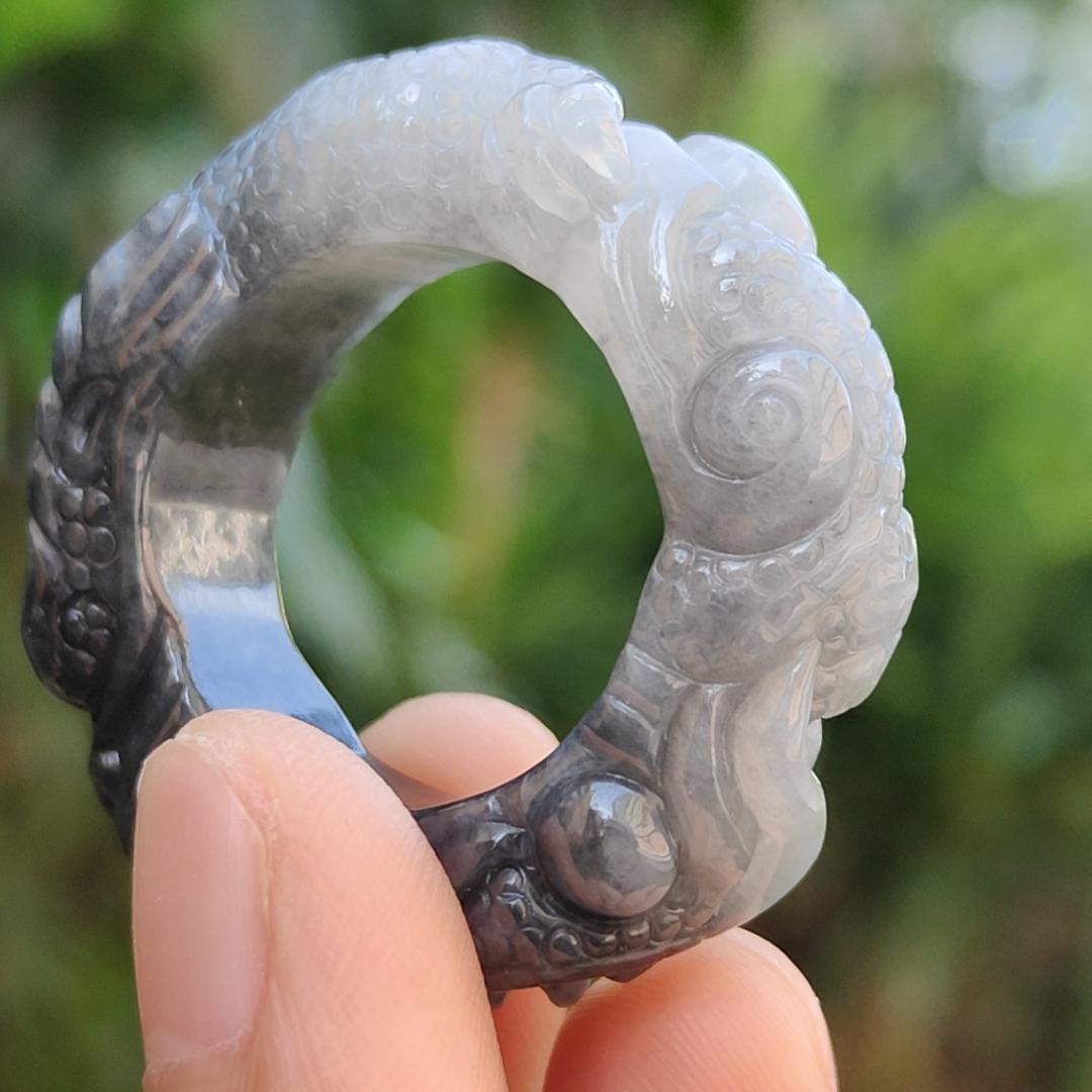 Black and White Natural Type A Jadeite Jade crafted with Dragon as 21mm Ring, certificate weigh 16.8 grams, measurement 10.5 * 8.3 mm (ring7) Yi Pin Qian