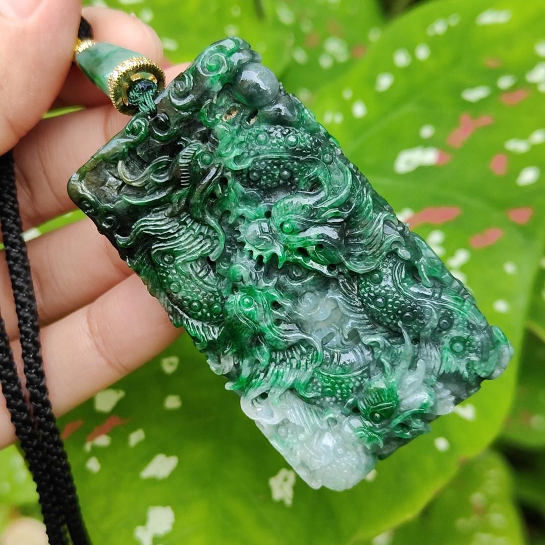 Lots of Green with Wuji carved as nine dragons Natural Type A Jadeite pendant with certificate weight 45.16 grams, 60.30 * 35.30 * 9.90 mm suitable for daily wear (pendant120) Yi Pin Qian