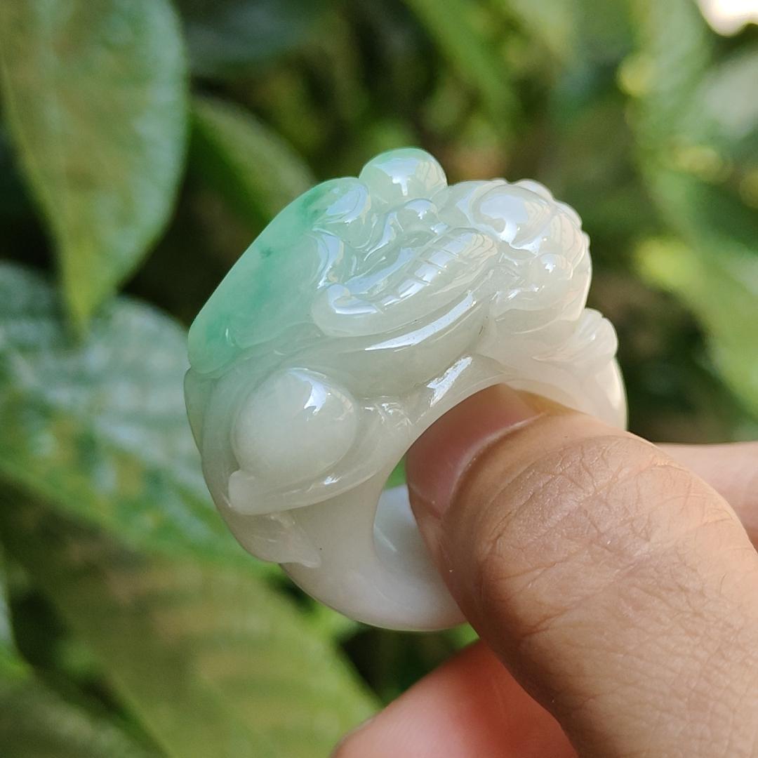 Rare Quality Light Green with White Natural Type A Jadeite Jade crafted with Pixiu and Ruyi as Ring, certificate weigh 31.97 grams, measurement 36.2 * 16 * 13, Finger size 19.5 mm (ring5) Yi Pin Qian