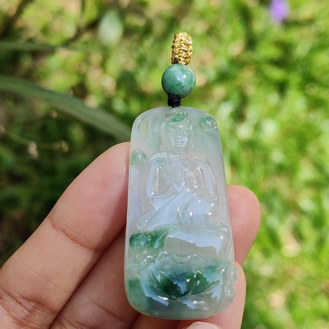Icy Good Translucency with Green Natural Type A Jadeite Pendant Necklace crafted with Buddha and Lotus, certificate included weigh 13.2 grams, 46.2 * 22.5 * 6.3 mm Yi Pin Qian