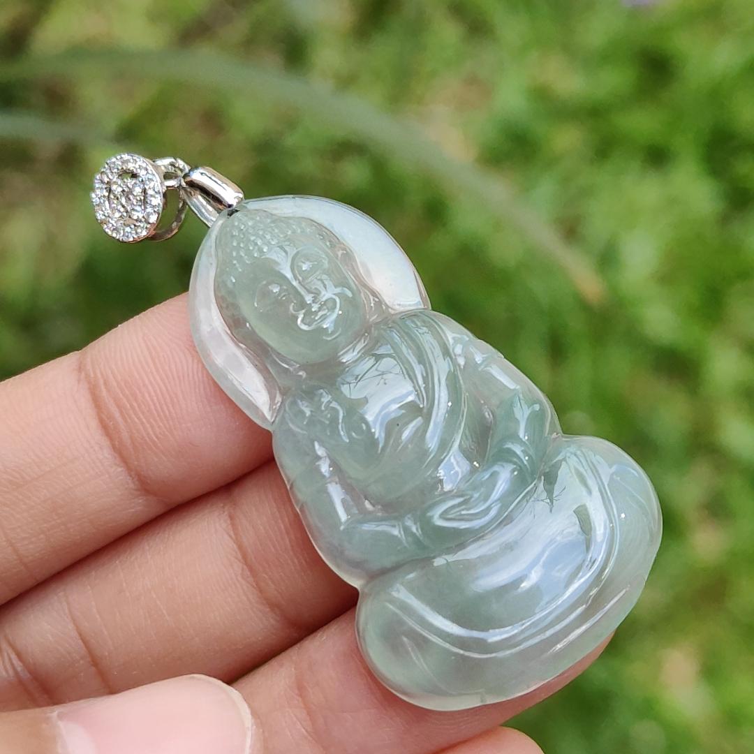 Premium Icy Good Translucency Green Hue Natural Type A Jadeite Pendant Necklace crafted as Buddha with certificate weigh 8.65 grams, 42.5 * 23.8 * 5.8 mm, collectible jadeite suitable for daily wear Yi Pin Qian