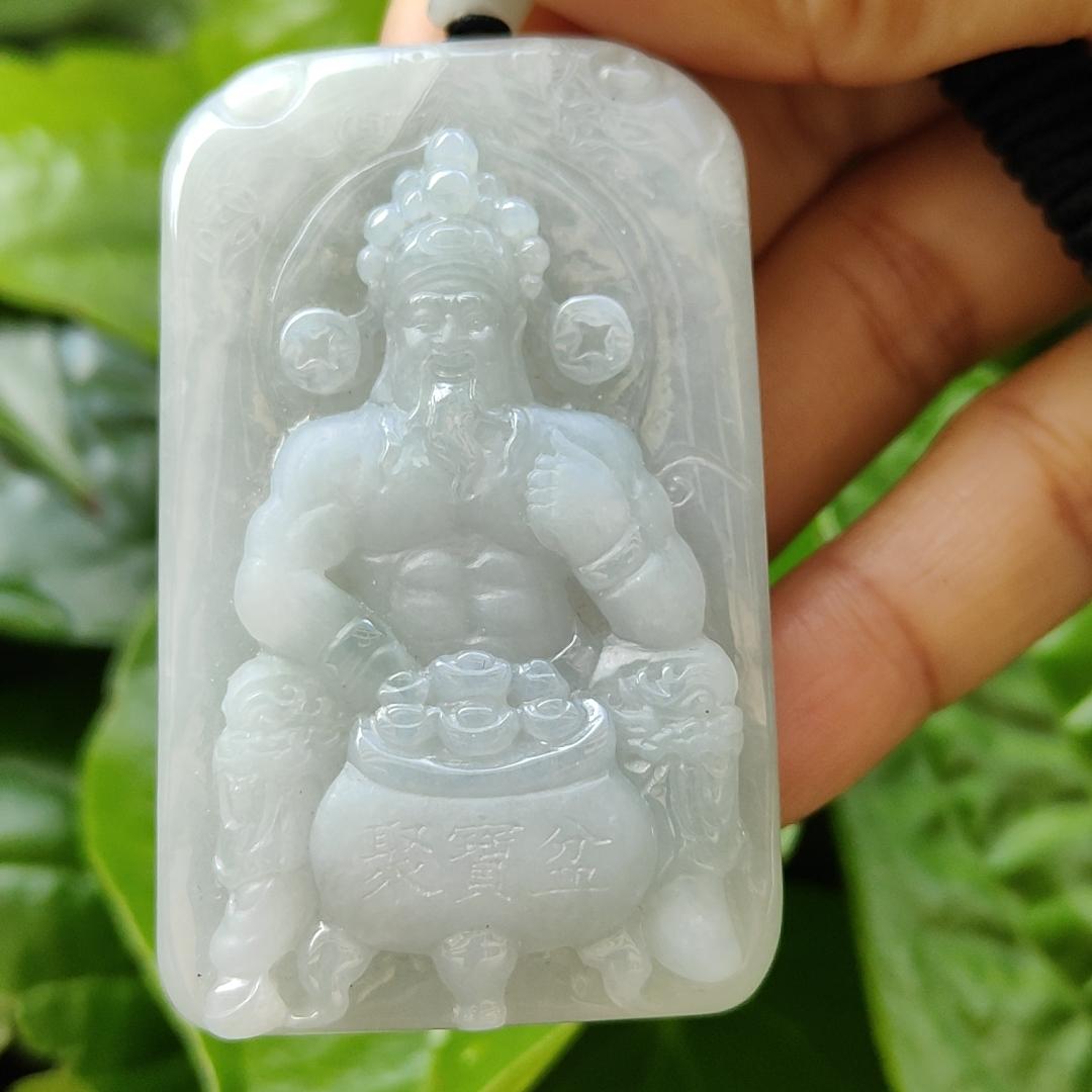 Fortune God with Heng Ong Huat Type A Natural Jadeite Jewelry Pendant with NGI Gemstone report pendant weight 56.18 gram , 59.45 * 37.1 * 10.26 mm - Translucent faint greenish blue (pendant141) Yi Pin Qian