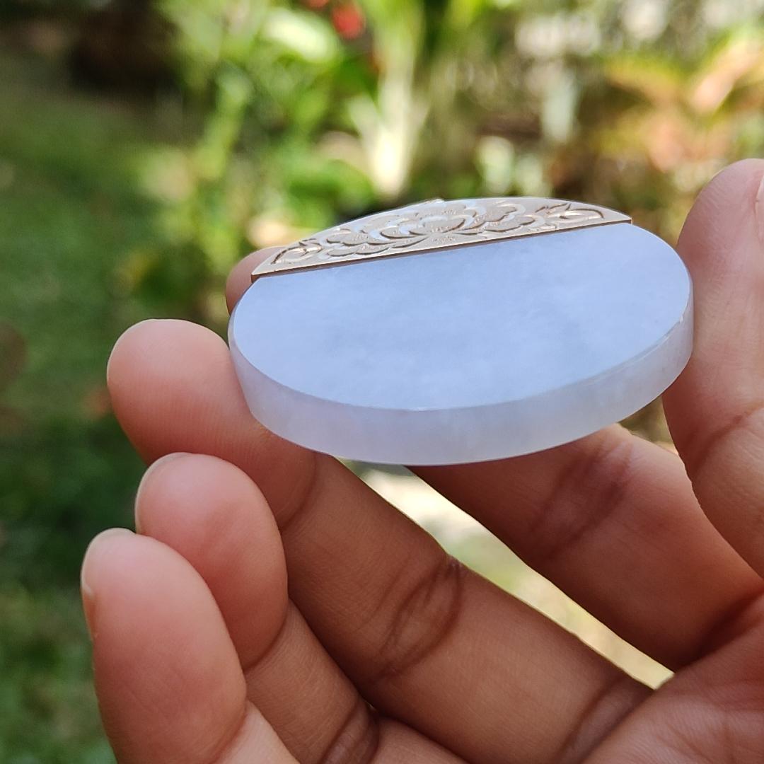 Light Lavender Natural Type A Jadeite Jade Crafted with nothing, round shape set with 18 k gold as pendant, certificate weigh 29.85 grams, measurement 43.7 * 42.9 * 5.6 mm (18kp23) Yi Pin Qian