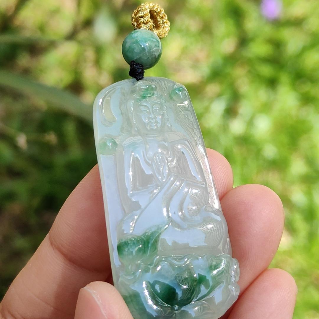 Icy Good Translucency with Green Natural Type A Jadeite Pendant Necklace crafted with Buddha and Lotus, certificate included weigh 13.2 grams, 46.2 * 22.5 * 6.3 mm Yi Pin Qian