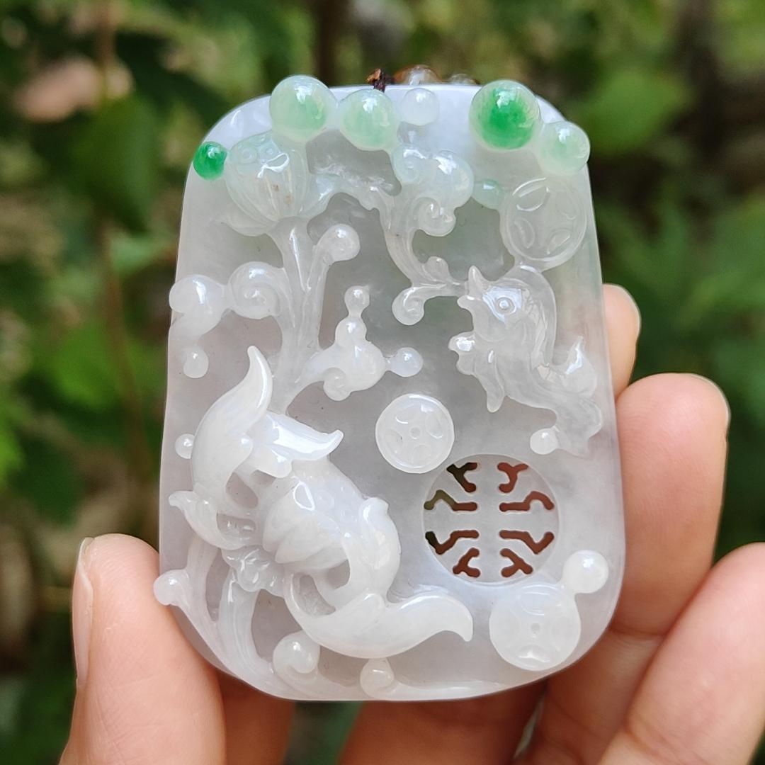 Old school hollow style Green and White Natural Type A Jadeite Jade crafted with flowers and coins as a pendant necklace with certificate weigh 41.56 grams, measurement 56.3 * 43.2 * 11.8 mm (pendant204) Yi Pin Qian