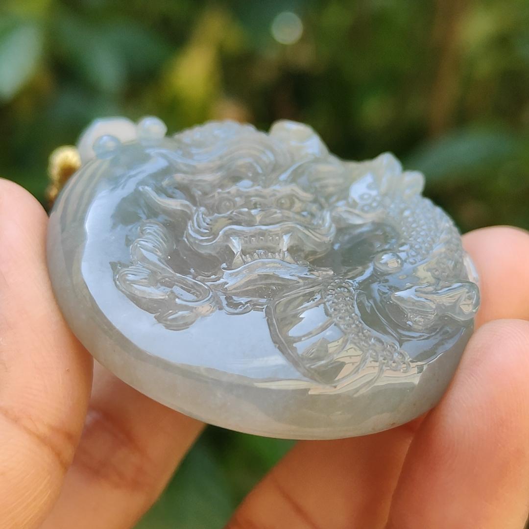 Light green with Brown fine quality Natural Type A Jadeite Pendant carved with dragon meaning wisdom, Auspiciousness, strength and independence with certificate weigh 41.21 grams, 46 * 40.60 * 10.80 mm, very suitable for daily wear (pendant91) Yi Pin Qian