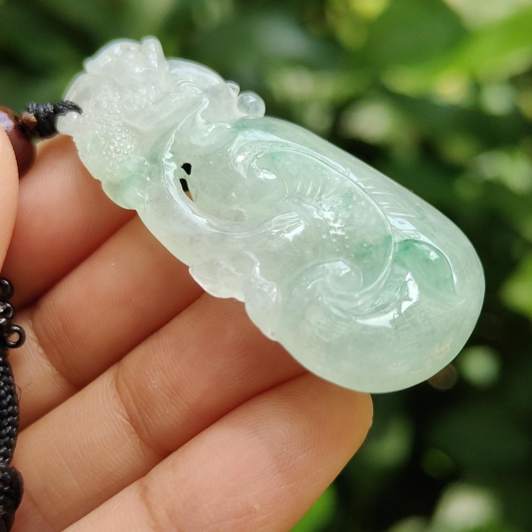 High Quality Light Green Hue Natural Type A Jadeite Jade crafted with shape of Ruyi and Three Legs Toad as Pendant, certificate weighs 13.02 grams, measurement 47.8 * 22.8 * 9 mm (pendant291) Yi Pin Qian