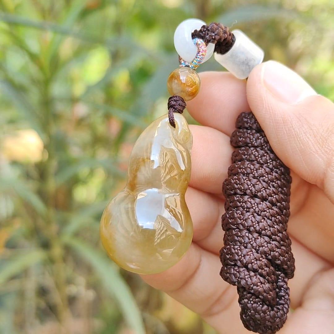 Premium Semi Icy Yellow Natural Type A Jadeite Pendant Necklace crafted as a gourd, symbols of Happiness, wealth, longevity, with certificate weigh 9.16 grams, 32.6 * 18.7 * 10.3 mm, suitable for daily wear or collection purpose Yi Pin Qian
