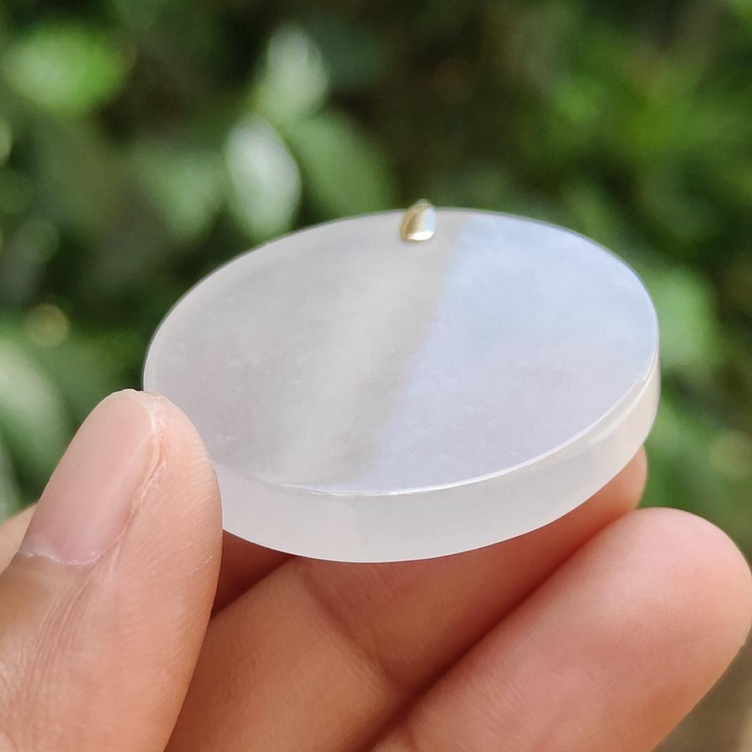 Mid-Year Special - Semi Icy Translucent Natural Type A Jadeite Jade crafted with round shape as Pendant with 18k Gold Clasp, certificate weigh 18.24 grams, measurement 35.2 * 5.5 mm (18kp32) Yi Pin Qian