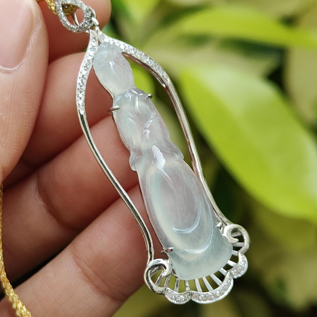 SG New Arrival - Crafted as Faceless Guanyin on Icy Translucent Natural Type A Jadeite Jade as pendant set with 18k gold, certificate weighs 4.77 grams, measurement 51.2 * 16 * 6 mm (18kp72) Yi Pin Qian Jadeites Jade Jewelry ~Your Precious Quintessential ~ Singapore