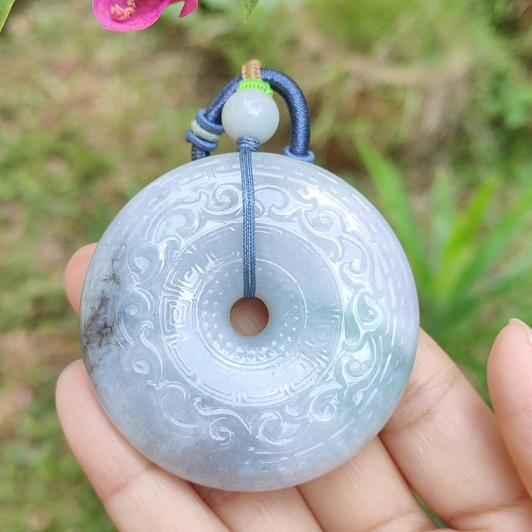 Hugh Natural Type A Jadeite Pendant Crafted as Dounut with beautiful archaize style with floating green and some wuji with Purple Hue, QIC Labs approved cert weigh 71.13 grams, 54.3 * 54.3 * 12.2 mm, symbols of Everything is going well (pendant64) Yi Pin Qian
