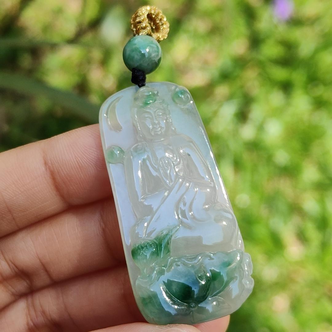 Icy Good Translucency with Green Natural Type A Jadeite Pendant Necklace crafted with Buddha and Lotus, certificate included weigh 13.2 grams, 46.2 * 22.5 * 6.3 mm Yi Pin Qian