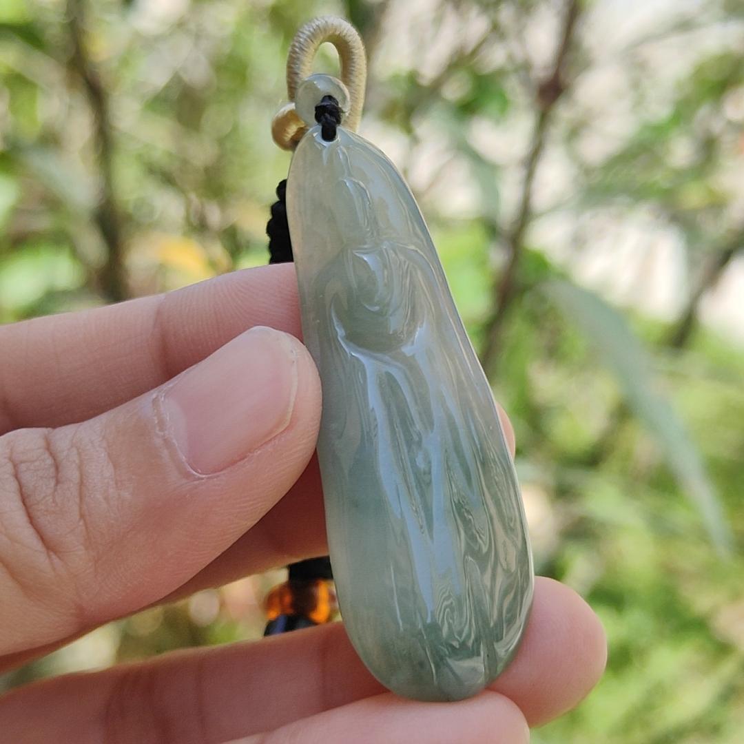Light Green Natural Type A Jadeite Jade Pendant Necklace crafted with faceless Guanyin with QIC labs approved certificate weigh 11.82 grams, measurement 52 * 17.7 * 5.7 mm (pendant175) Yi Pin Qian