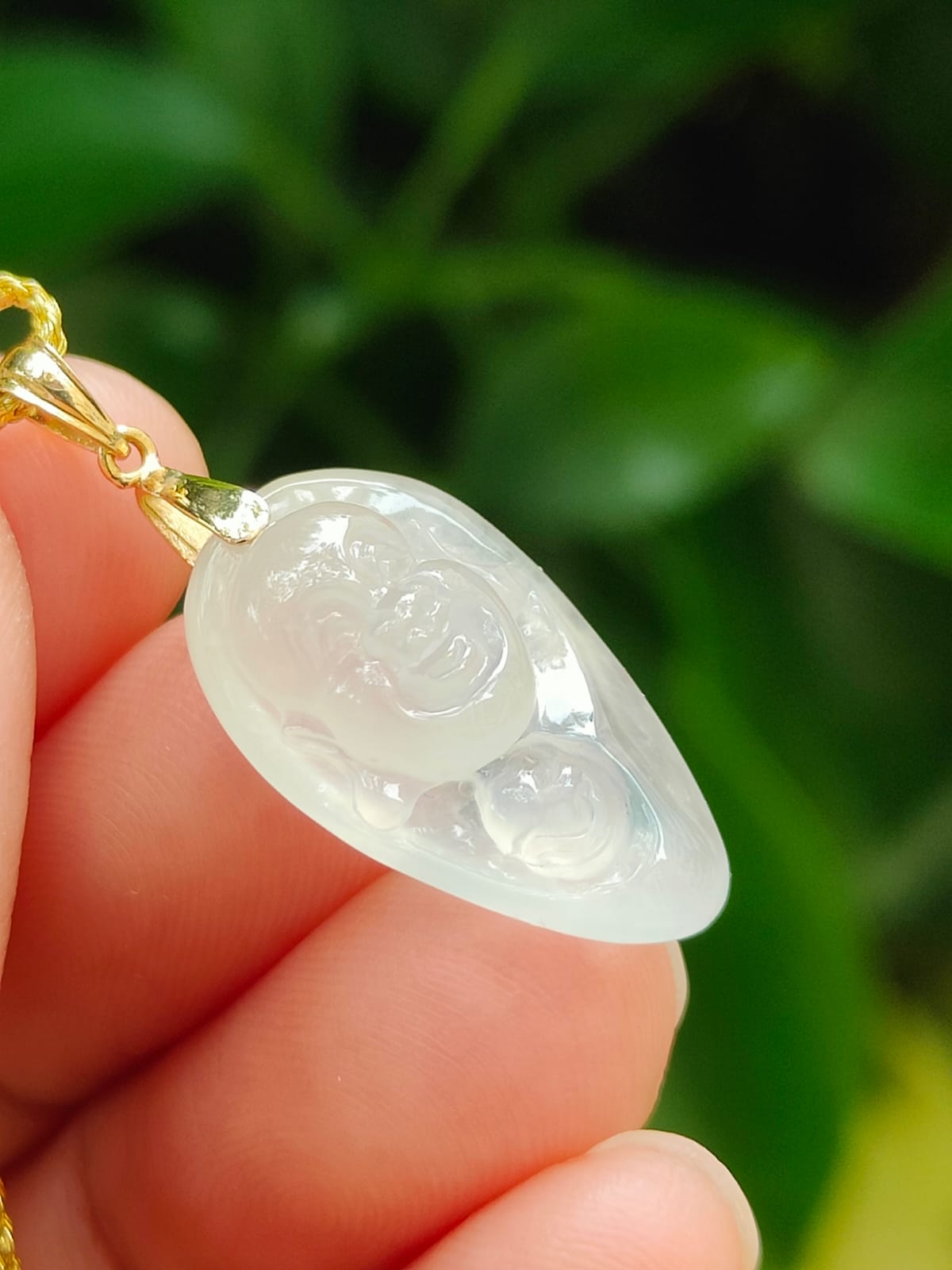 Icy Translucent Milo Buddha Pendant – 🪄Natural Type A Jadeite🪄, 18K Gold Clasp, Symbol of Joy & Abundance (18kp106) Yi Pin Qian Jadeites Jade Jewelry ~Your Precious Quintessential ~ Singapore