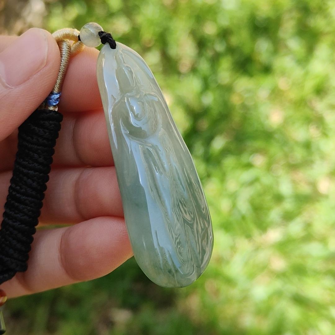 Light Green Natural Type A Jadeite Jade Pendant Necklace crafted with faceless Guanyin with QIC labs approved certificate weigh 11.82 grams, measurement 52 * 17.7 * 5.7 mm (pendant175) Yi Pin Qian