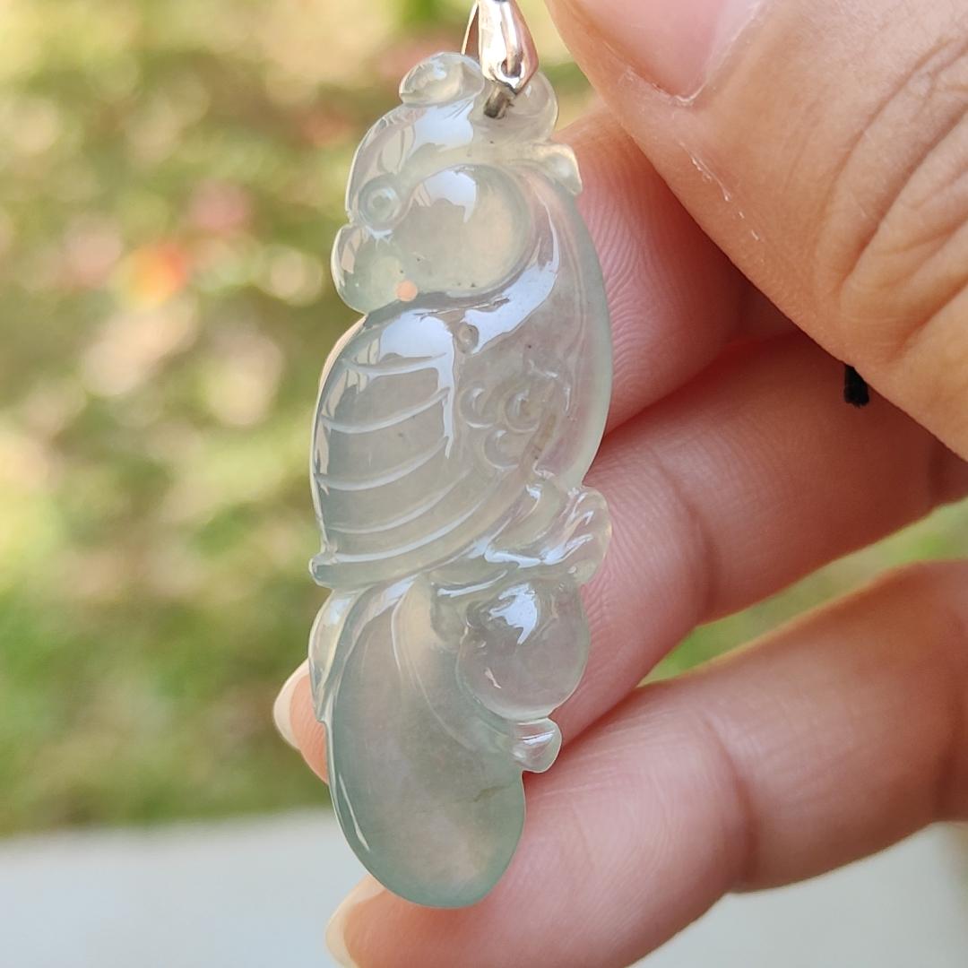 Premium Old Pit Rare Green Hue Icy Translucent Natural Type A Jadeite Jade crafted with Parrot as Pendant for the collectors, certificate weigh 6.25 grams, measurement 41.6 * 15.2 * 6.5 mm (pendant213) Yi Pin Qian