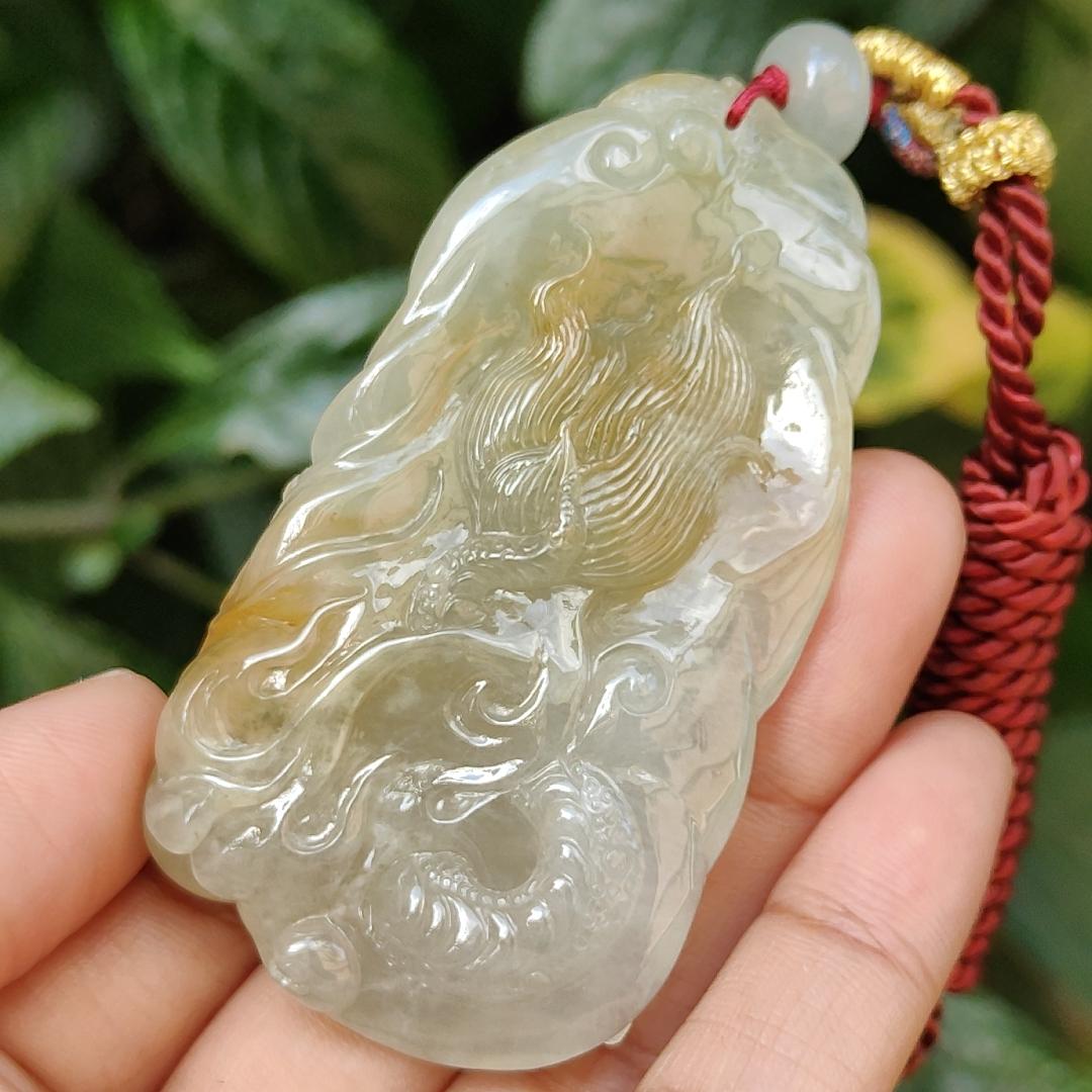 Premium Quality Yellow Natural Type A Jadeite Jade crafted with Dragon as Pendant, certificate weighs 53.72 grams, measurement 67.3 * 37.5 * 12.9 mm (pendant240) Yi Pin Qian