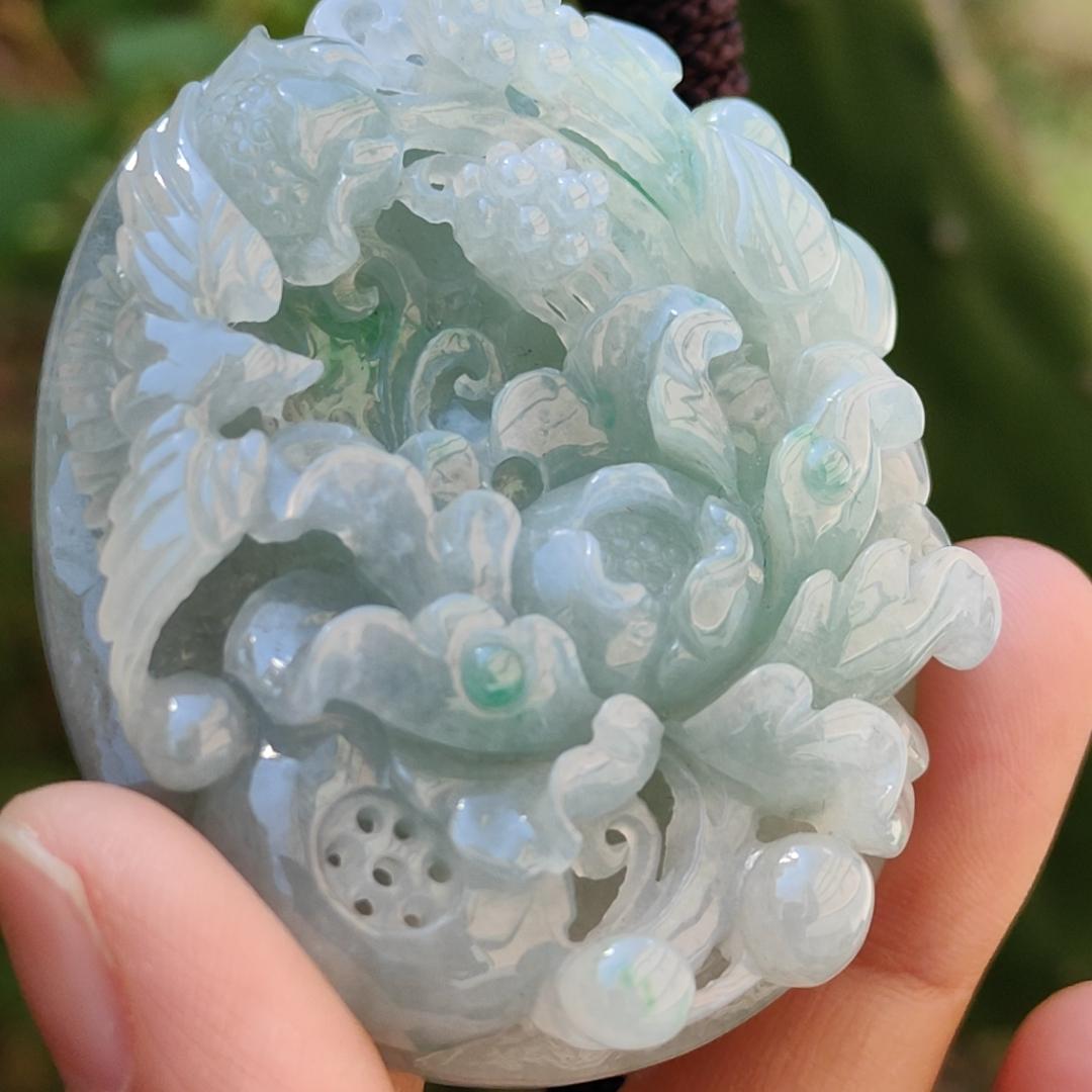 Green with Bluish Green Hue Natural Type A Jadeite Pendant Necklace crafted with Bird and flowers, symbols of Auspiciousness, blessing, Nature and vitality, certificate included weigh 69.39 grams, 55.2 * 45.8 * 15.8 mm, suitable for collection (pendant49) Yi Pin Qian