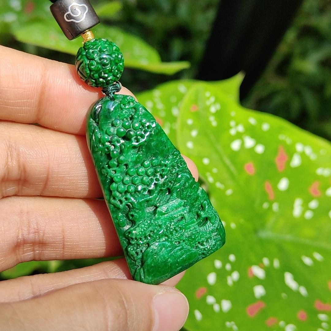 Dark Green Natural Type A Jadeite carved with scenery pendant with NGI Gemstone report weight 19.21 grams , 43.10 * 25.36 * 7.50 mm , Semi Translucent to opaque fine grain crystal aggregate - Good for daily wear pendant (pendant152) Yi Pin Qian