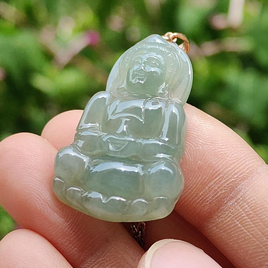 Light Green Good Translucent Natural Type A Jadeite Jade crafted with Guanyin 18k gold clasps as Pendant, certificate weighs 6.36 grams, measurement 32.2 * 21 * 5.8 mm (18kp49) Yi Pin Qian