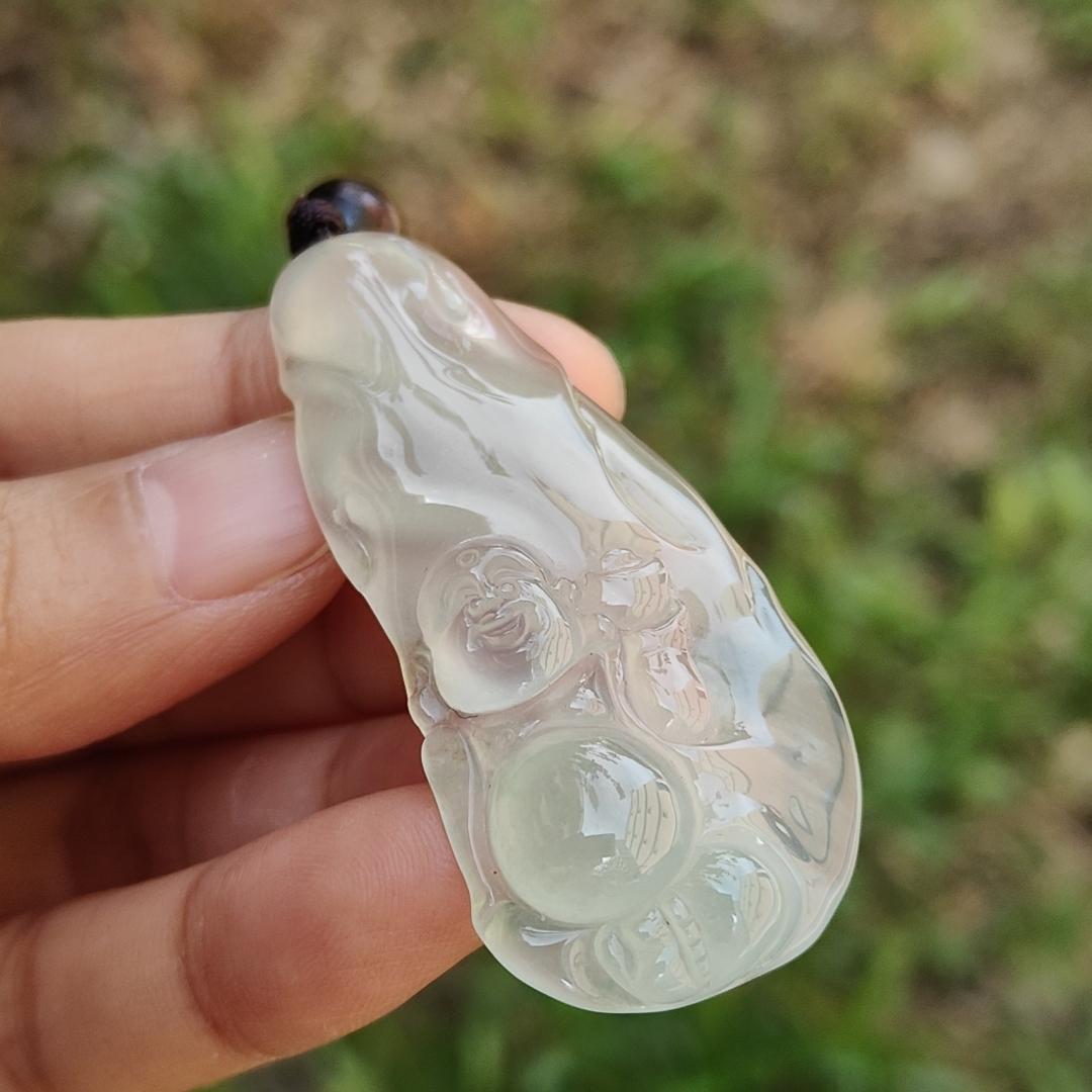 Highly Translucent Premium Icy Natural Type A Jadeite Pendant Necklace crafted as Milo Buddha with certificate, weigh 14.78 grams, 55 * 24.50 * 6.60 mm, symbols of Wealth, luck, prosperity, optimism, and hope, suitable for collections (pendant55) Yi Pin Qian