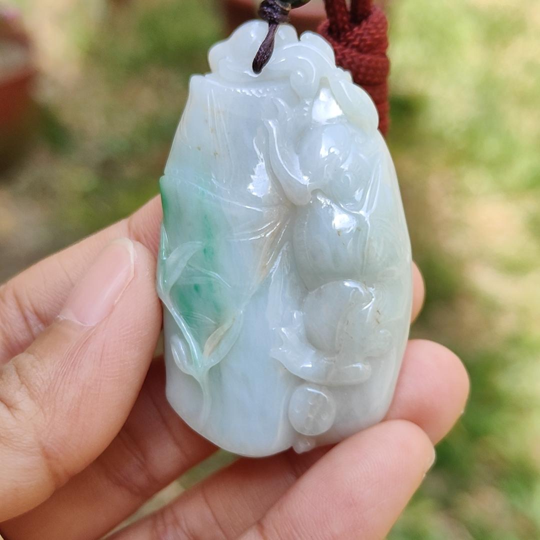Green with yellow patches Natural Type A Jadeite Jade crafted as Bamboo with Pixiu as Pendant, certificate weigh 35.85 grams, measurement 52.3 * 31 * 12.2 mm (pendant223) Yi Pin Qian