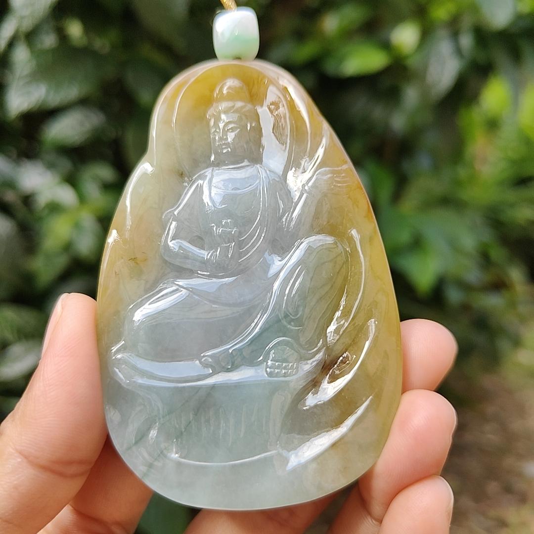Hugh High Quality Light Green, Yellow Brown and Red Natural Type A Jadeite Jade crafted as Guanyin for Pendant, certificate weighs 79.47 grams, measurement 83.3 * 52.6 * 8.5 mm (pendant282) Yi Pin Qian