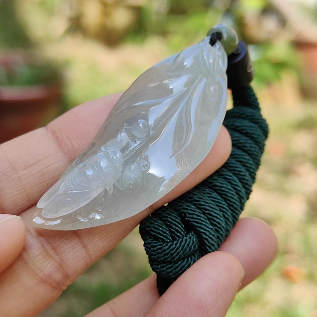 Icy Translucent with Yellow Patches Natural Type A Jadeite Jade crafted with leaf and Cicada as a Pendant, certificate weigh 13.68 grams, measurement 52 * 21.7 * 11.8 mm (pendant224) Yi Pin Qian