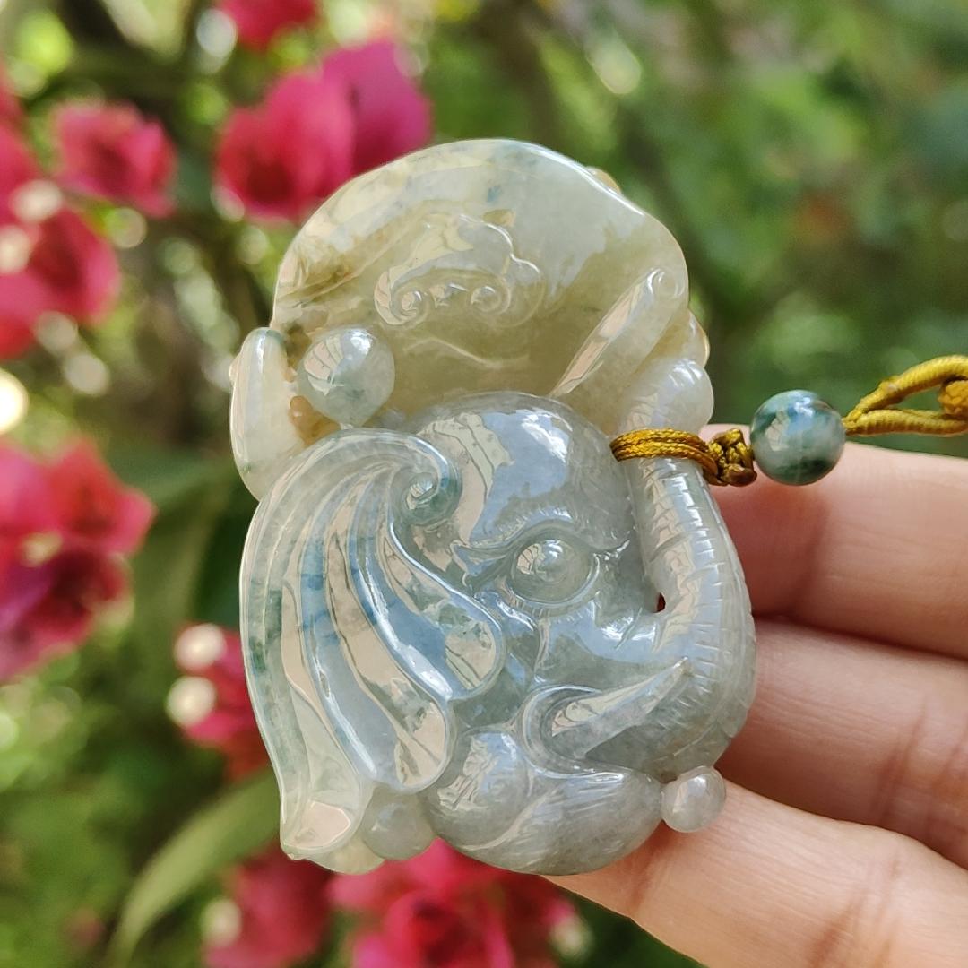 Light green and Yellow Natural Type A Jadeite Pendant, a rare collection carved with Monkey, Elephant and Ruyi, symbols of Wisdom, strength, authority, good luck and protection, certificate included weigh 47.85 grams, 55.7 * 36 * 13.8 mm (pendant74) Yi Pin Qian